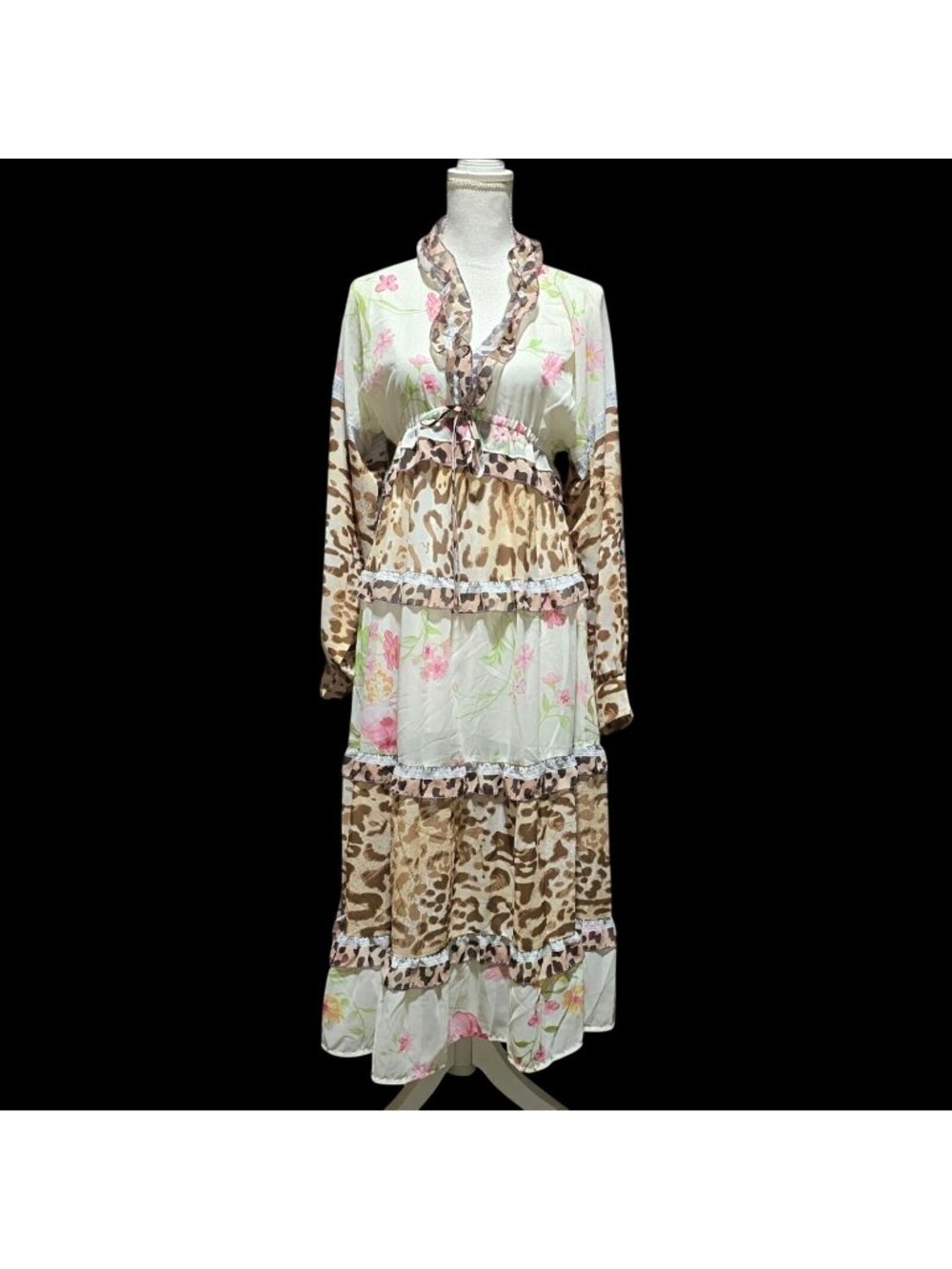 Womens Floral Leopard Print Maxi Dress Size S Ruffles Long Sleeves Sheer Overlay